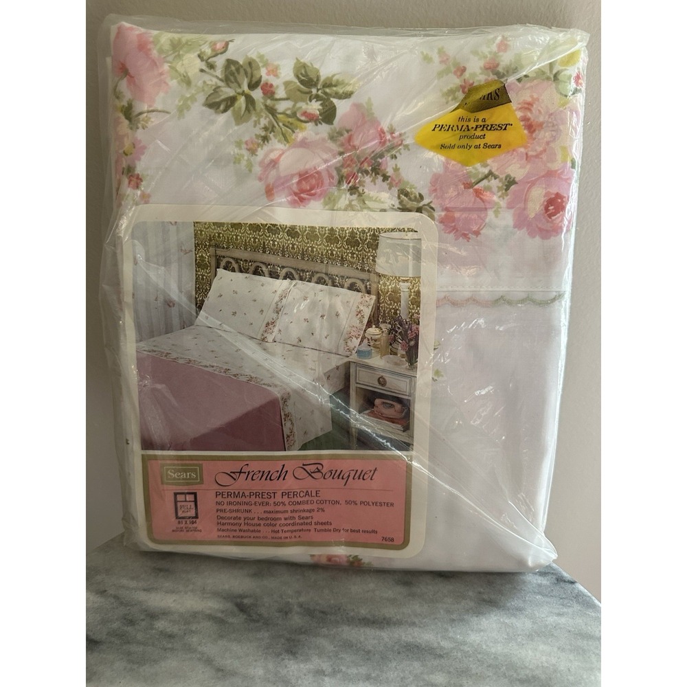 Vintage Pink Flowers Roses White Full Size Flat Sheet Rose Flower SEALED